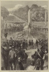 Preußisches Königshaus in Versailles, eine Vorführung der Brunnen vor König Wilhelm und seinem Stab